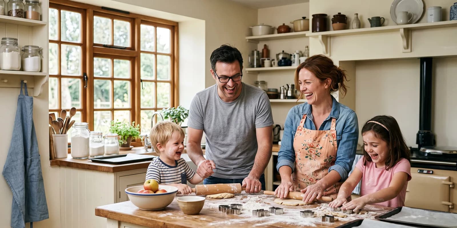 Birth mothers can choose a family with siblings or first-time parents An adoptive family with two children baking together in their kitchen, the kind of home a birth mother can choose for her baby