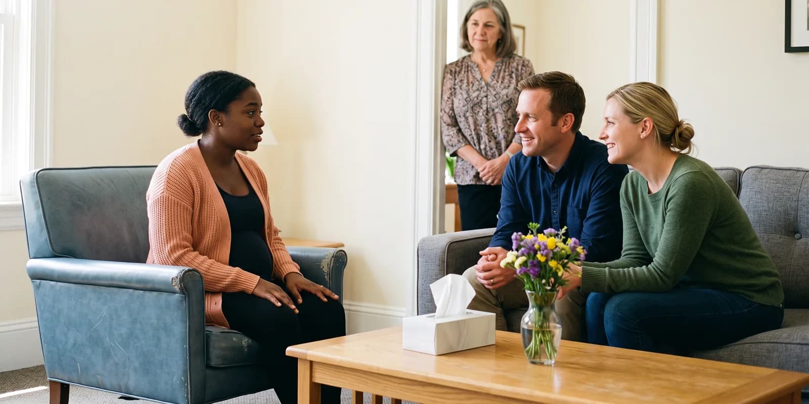 Meeting the adoptive family you chose, with your counselor in the room A pregnant birth mother meeting the adoptive parents she chose for the first time, with her counselor nearby