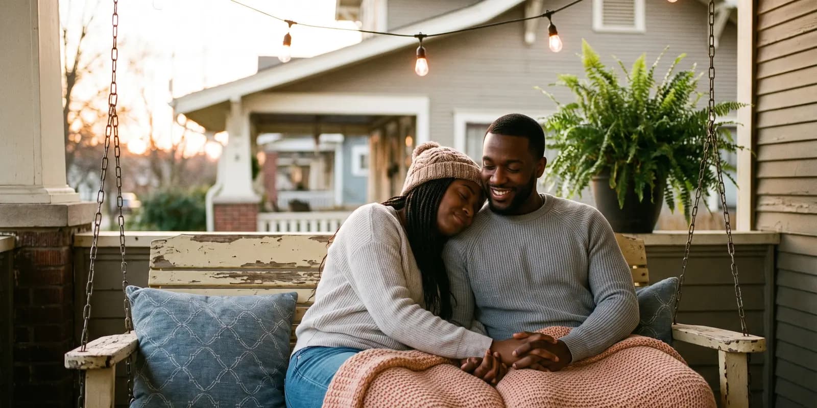 Birth mothers can ask adoptive families anything before choosing A hopeful adoptive couple sitting together on their porch swing, as they might appear in a profile a birth mother is considering