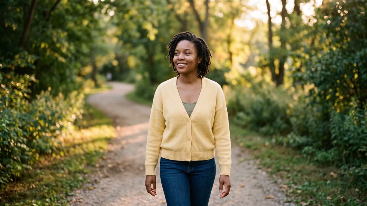 A woman walking a sunlit path, at peace with her adoption decision