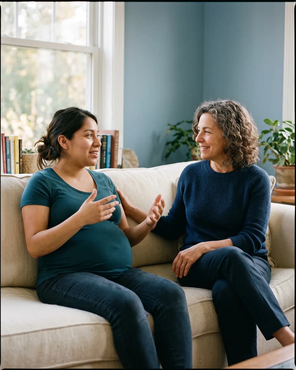 Licensed counselor listening to an expectant mother while making her adoption plan