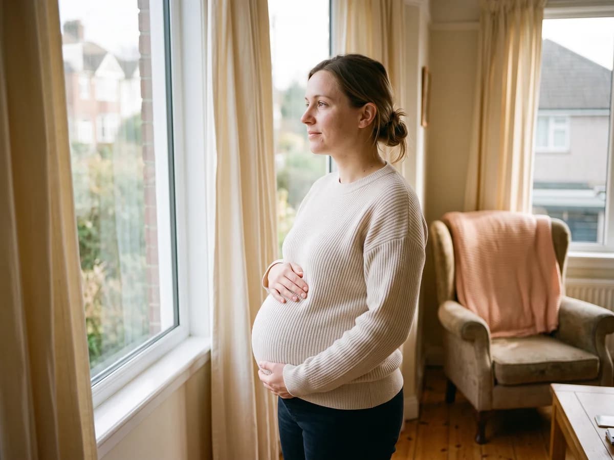 Expectant mother by a bright window taking time with her adoption decision