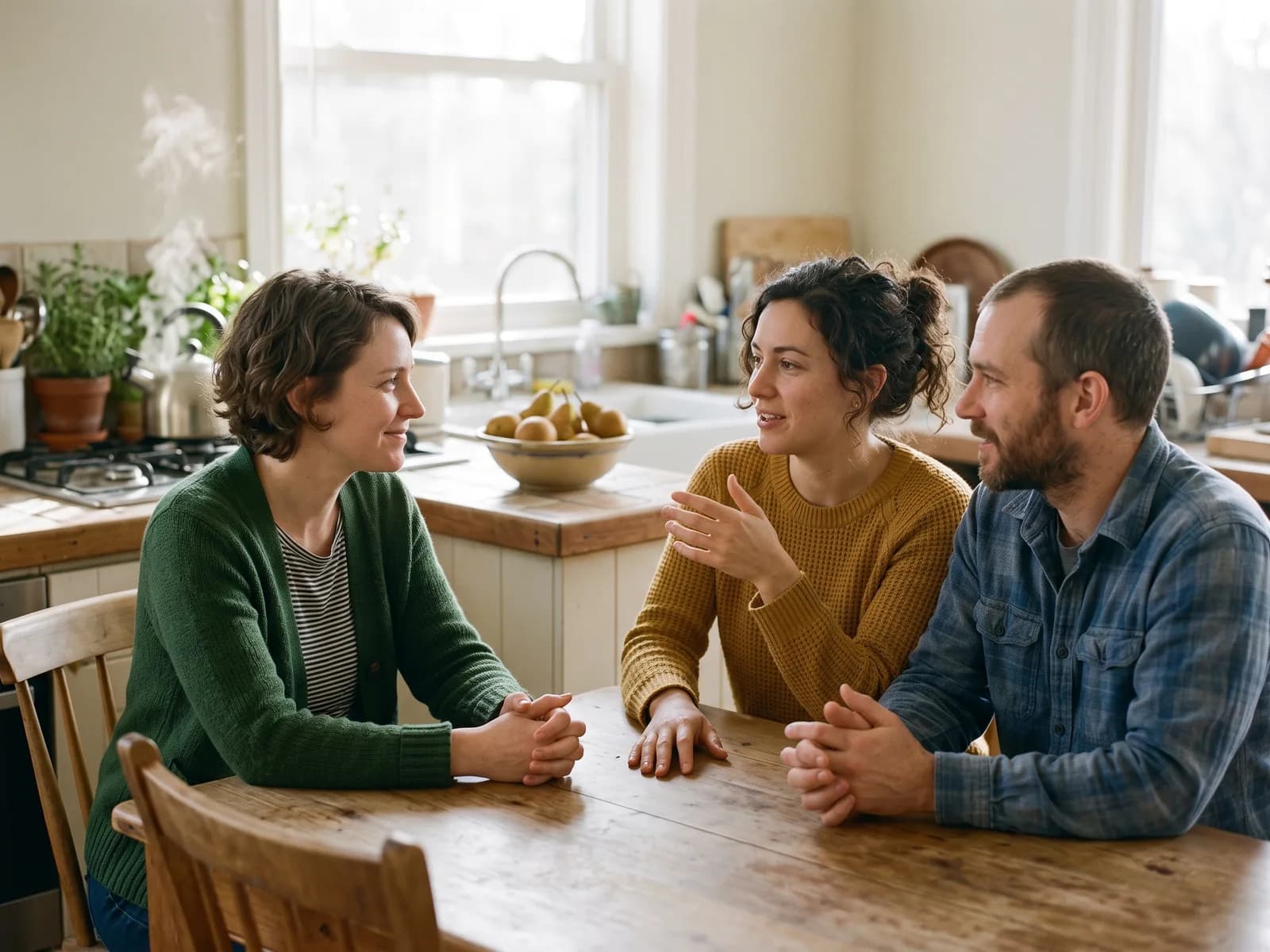 A relaxed home study interview at the kitchen table with a caseworker