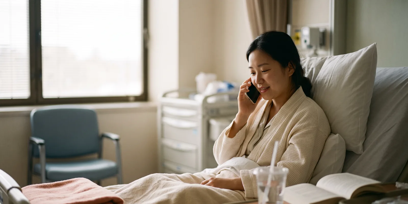 Calling an adoption counselor from the hospital A young woman in a hospital bed holds a phone to her ear, calm, with soft morning light through the window