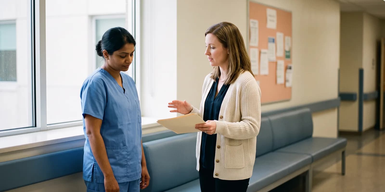 Hospital staff and the adoption counselor coordinate around your plan A nurse and an adoption counselor talk quietly in a hospital corridor near a window