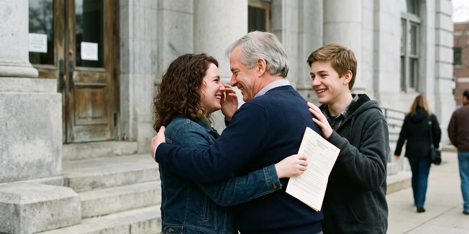 Adult adoption: you can adopt someone over 18 in nearly every state A woman in her twenties embracing her new legal father outside a courthouse after an adult adoption hearing