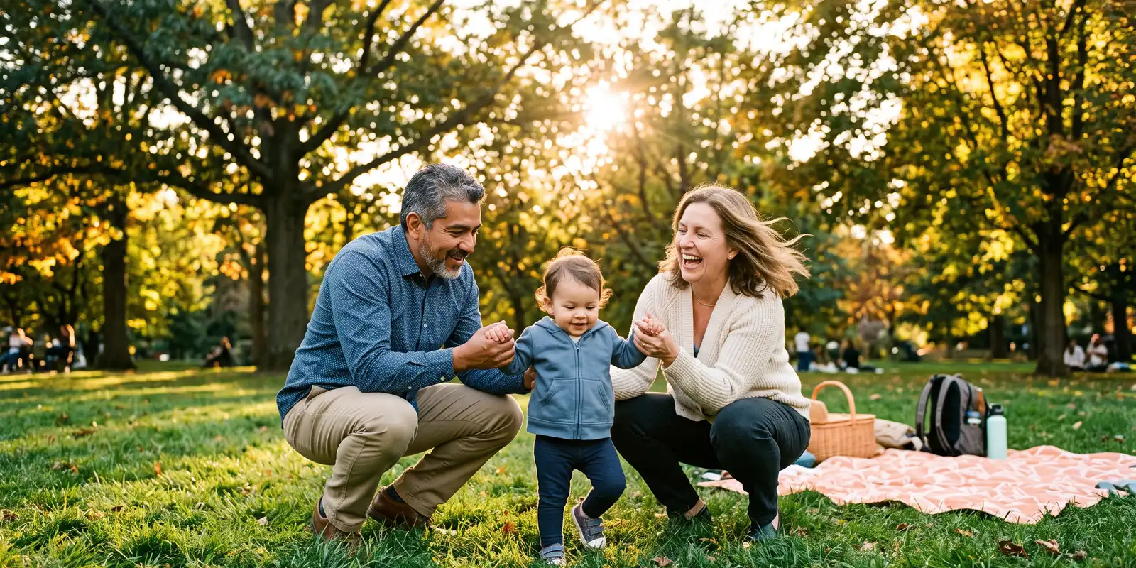 There is no maximum age to adopt in any U.S. state Adoptive parents in their fifties helping their toddler walk in a park, showing there is no maximum age to adopt