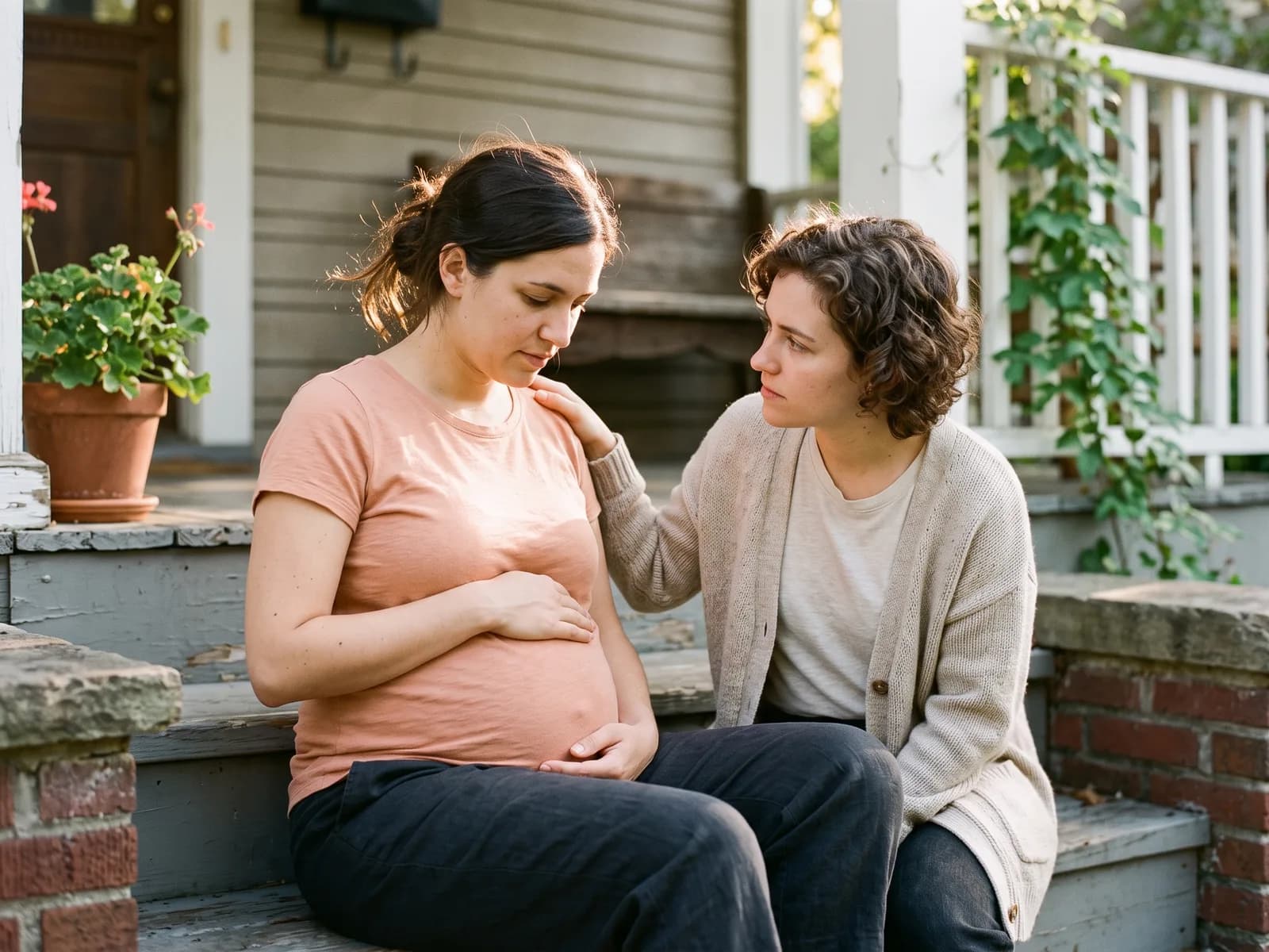 A pregnant woman supported by a trusted friend while considering a known private adoption placement