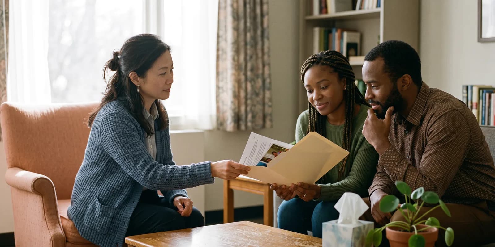 Semi-open adoption: the agency passes letters and photos between families An adoption counselor passing a folder of letters and photos to an adoptive couple, the mediated contact of a semi-open adoption