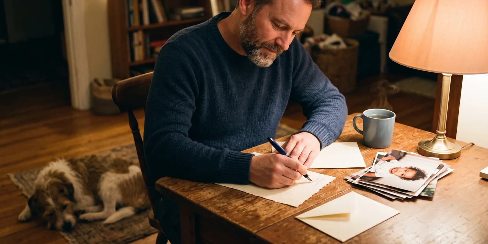 Open adoption updates: letters and photos are the backbone of most arrangements An adoptive father writing a letter and gathering photos to send to his child's birth mother, part of an open adoption update