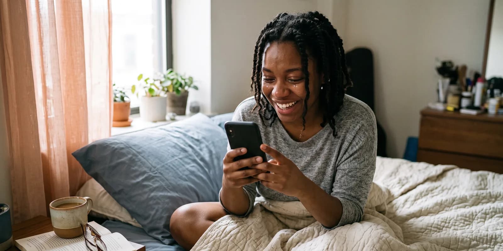 Open adoption contact by video call A birth mother laughing through tears on a video call with her child's adoptive family, one way open adoption contact happens