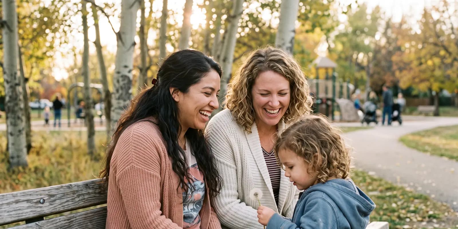 Open adoption: birth mother and adoptive family stay in each other's lives after placement A birth mother and an adoptive mother laughing together on a park bench with the child during an open adoption visit