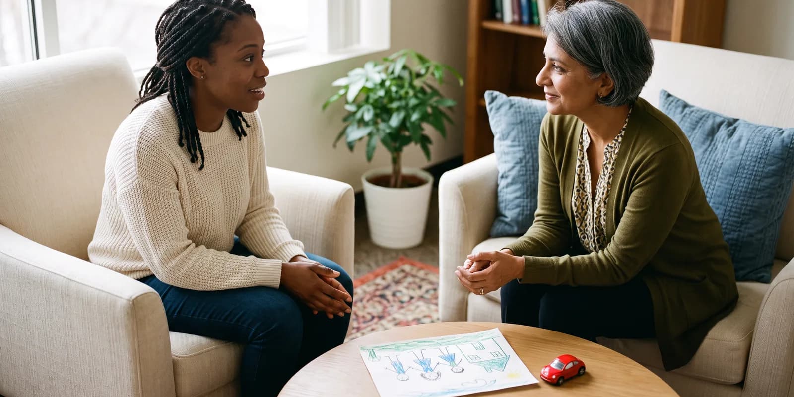 Talking through options for a child with a counselor A mother and a counselor talk in a warm office, a child's crayon drawing and a toy car on the table between them