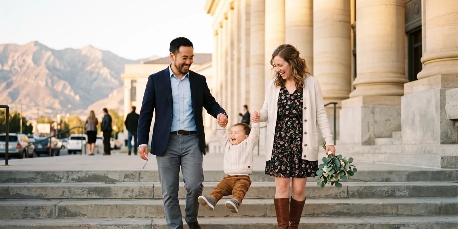 Utah adoption finalization: a district court hearing about six months after placement Adoptive parents leaving a Utah district courthouse with their toddler after the finalization hearing that completes an adoption under Utah law