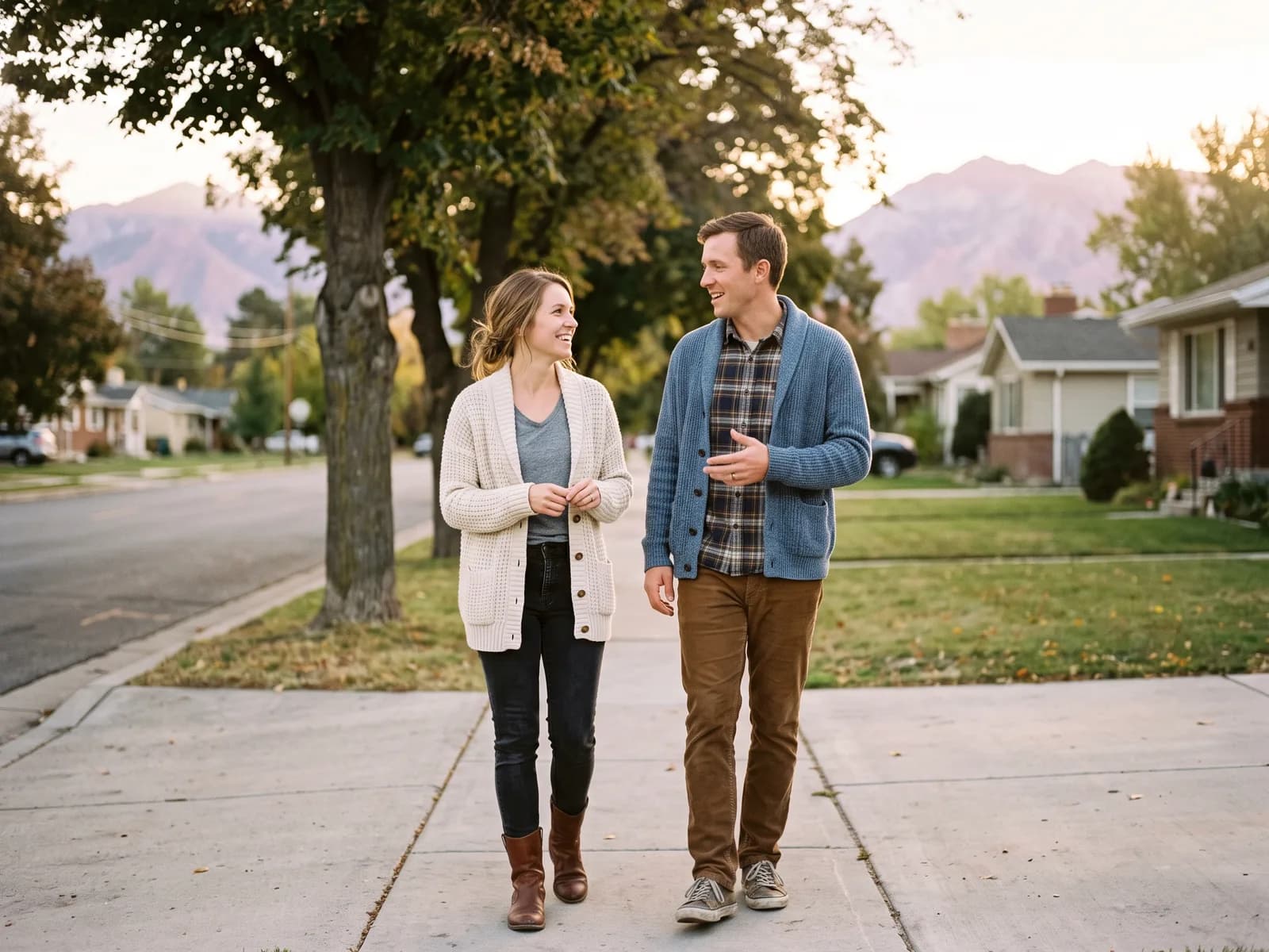 A family of faith walking in a Utah valley neighborhood, considering LDS adoption services