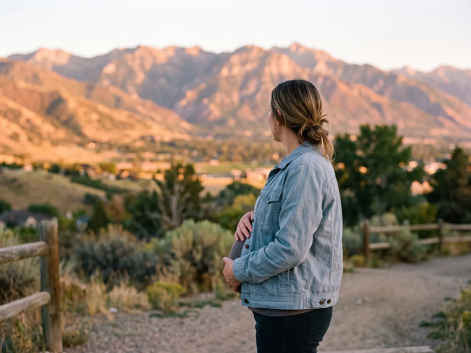 Expectant mother overlooking the Wasatch mountains while considering the adoption process in Utah
