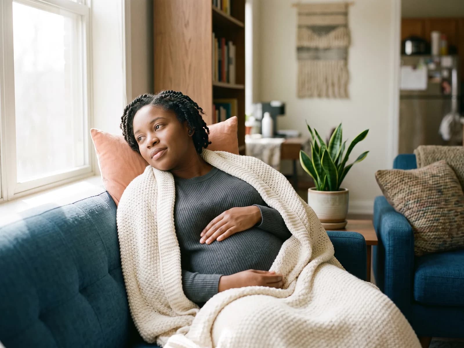 Pregnant woman resting safely at home, supported by birth mother services in Utah