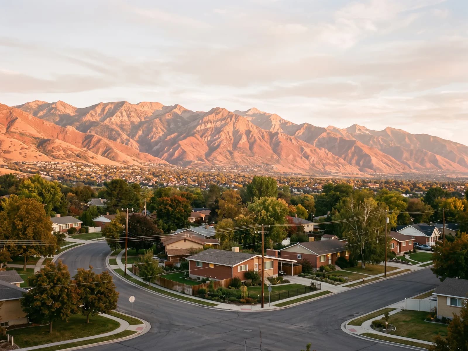 Evening light over a Utah valley neighborhood beneath the Wasatch mountains